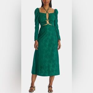 NWT Wayf The Adeline Cutout Floral Jacquard Halter Midi Dress in pine green